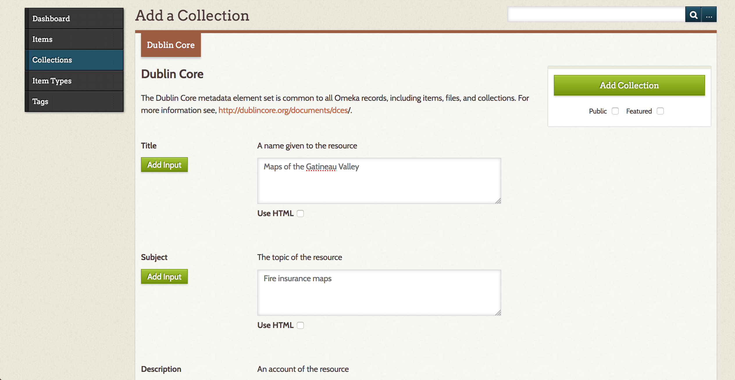 Image showing how to fill out collections details in Omeka