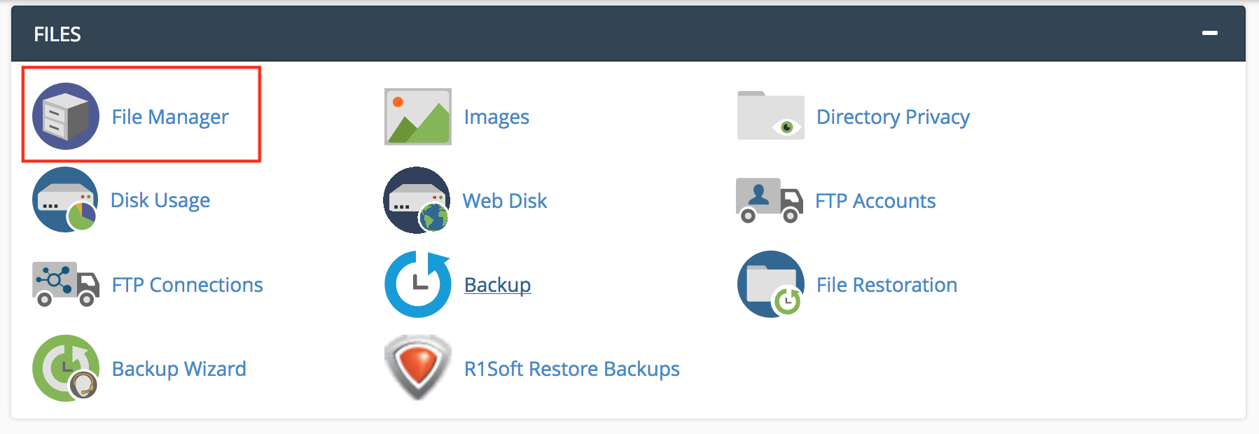 Image showing where to access File Manager in cPanel