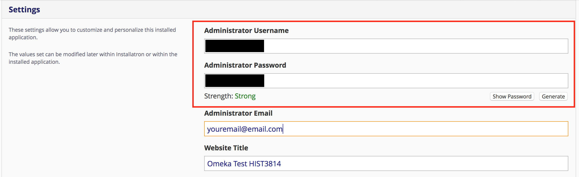 Image showing Omeka login and admin information